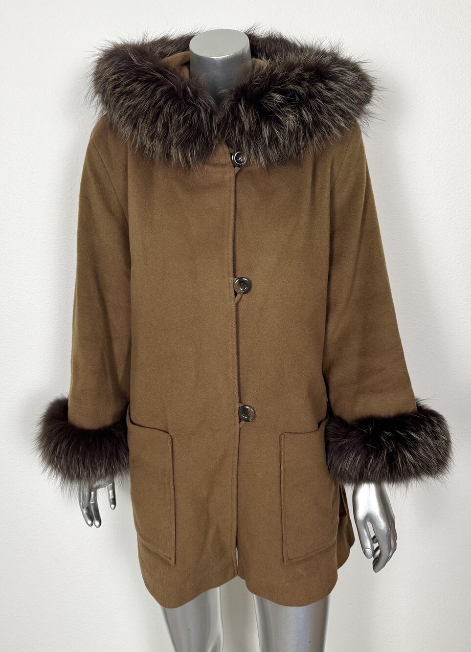 Cashmere Genuine Fur Trim Coat Womens M/L Brown Hooded Parka O'Brien & Sons Furs